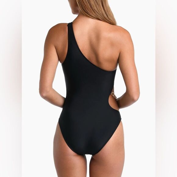 L’AGENCE • Black Solids Ava Asymmetric Chain One-Piece Swimsuit - Picture 5 of 8